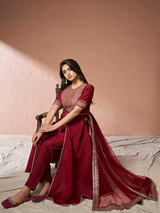 Maroon Ethnic Motifs Yoke Design Sequinned A-Line Kurta With Trousers & Dupatta - Inddus.com