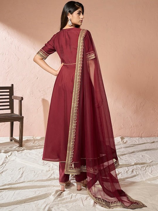 Maroon Ethnic Motifs Yoke Design Sequinned A-Line Kurta With Trousers & Dupatta - Inddus.com