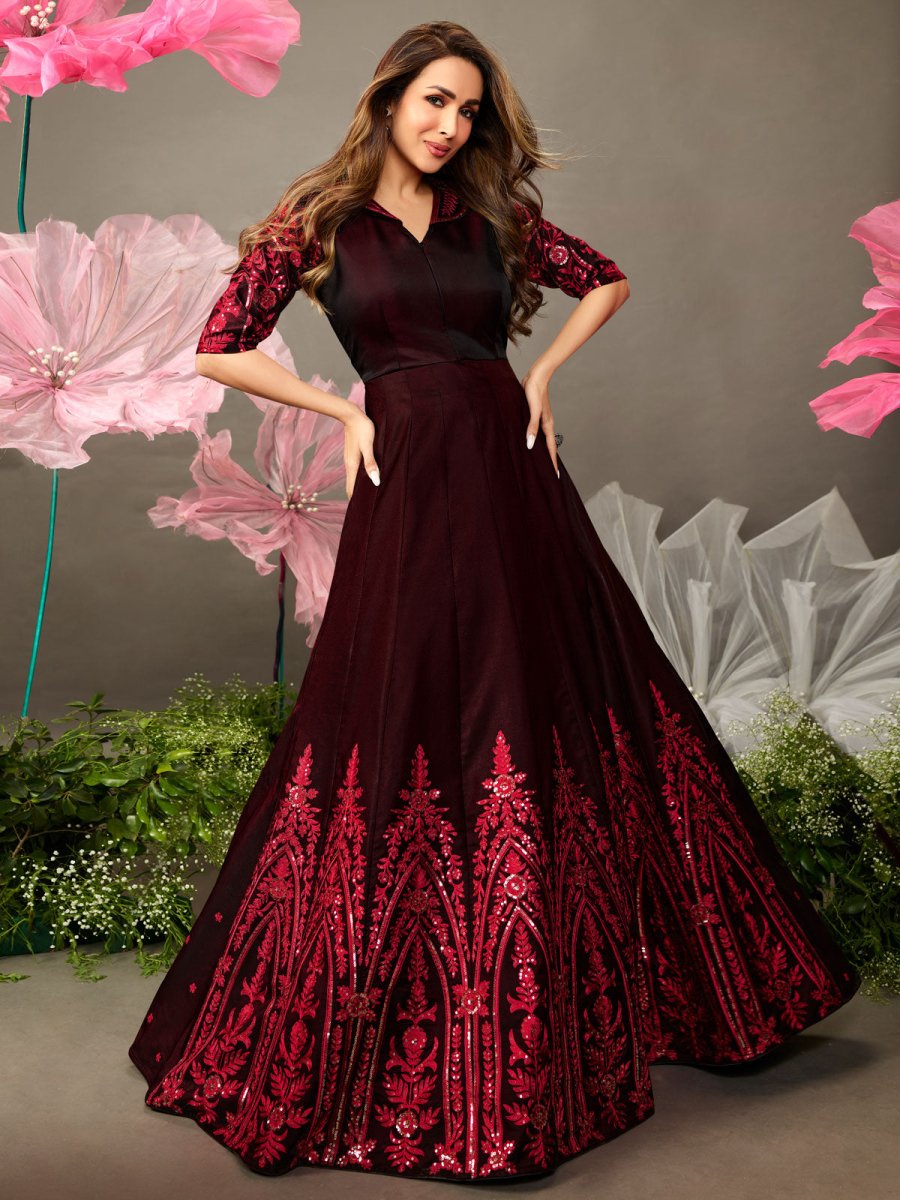 Maroon Floral Embroidered Fit and Flare Dress - Inddus.com