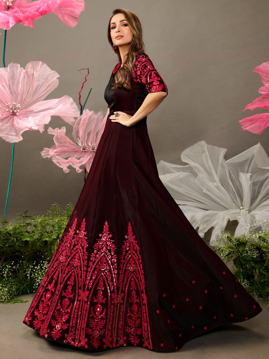 Maroon Floral Embroidered Fit and Flare Dress - Inddus.com