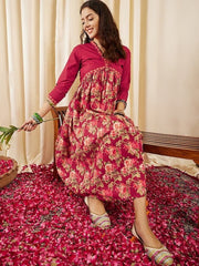 Maroon Floral Printed V-Neck Gathered Detailed Pure Cotton Empire Midi Ethnic Dress - Inddus.com