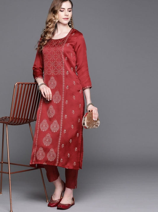 Maroon Foil Print Kurta with Pants - Inddus.com