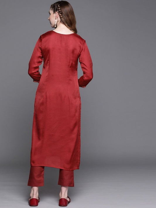 Maroon Foil Print Kurta with Pants - Inddus.com