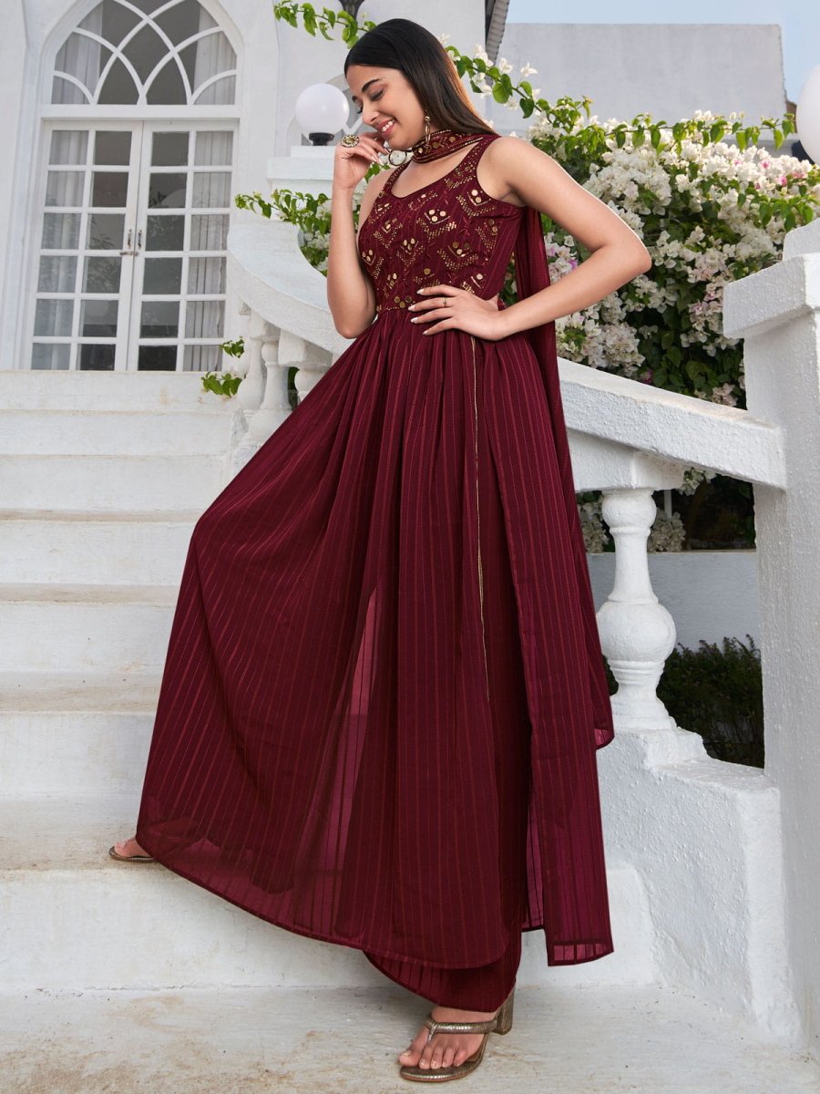 Maroon Georgette Partywear Palazzo-Suit - Inddus.com