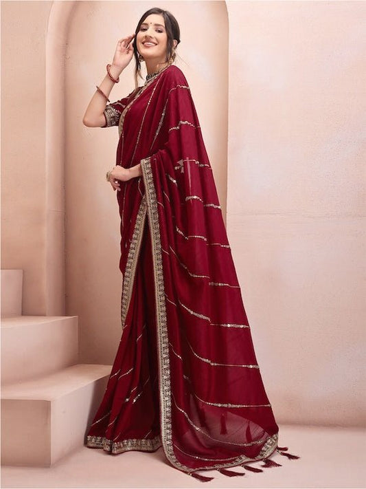 Maroon & Gold-Toned Embellished Sequinned Silk Blend Saree - Inddus.com