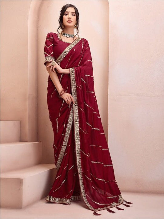 Maroon & Gold-Toned Embellished Sequinned Silk Blend Saree - Inddus.com