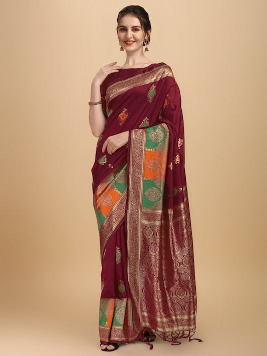 Maroon & Gold-Toned Ethnic Motifs Woven Design Silk Blend Saree - Inddus.com