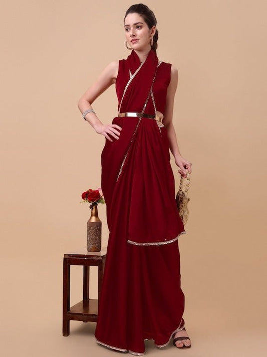 Maroon & Gold-Toned Mirror Work Satin Saree - Inddus.com