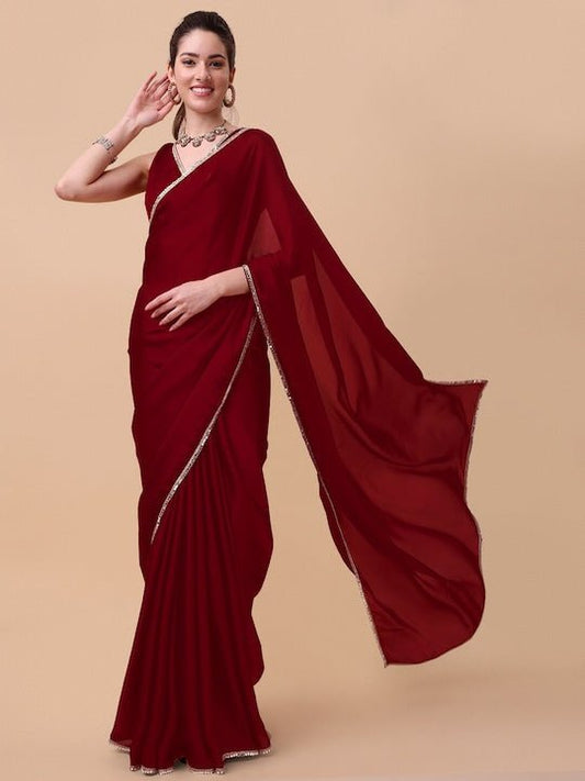 Maroon & Gold-Toned Mirror Work Satin Saree - Inddus.com