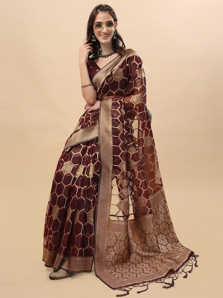 Buy Now! Maroon Organza Silk Saree with Golden Zari Embroidery – Boveee