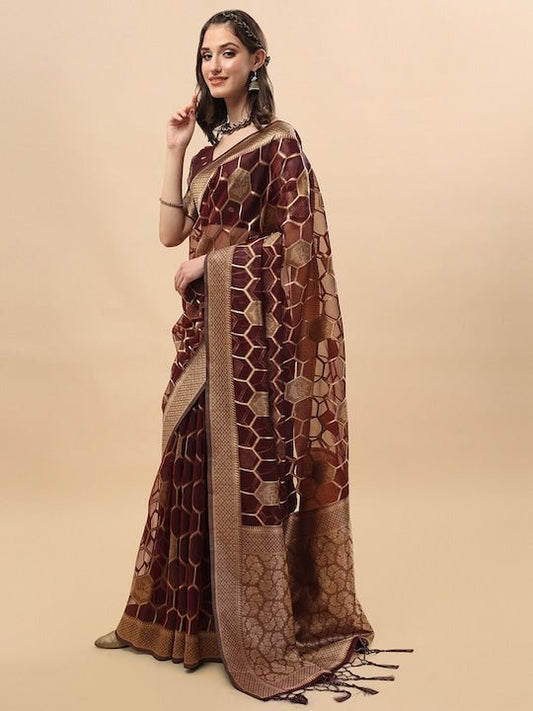 Maroon & Gold-Toned Organza Saree with Blouse Piece