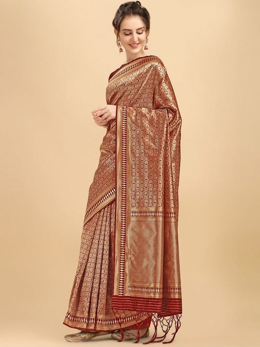 Maroon & Gold-Toned Woven Design Zari Silk Blend Saree - Inddus.com