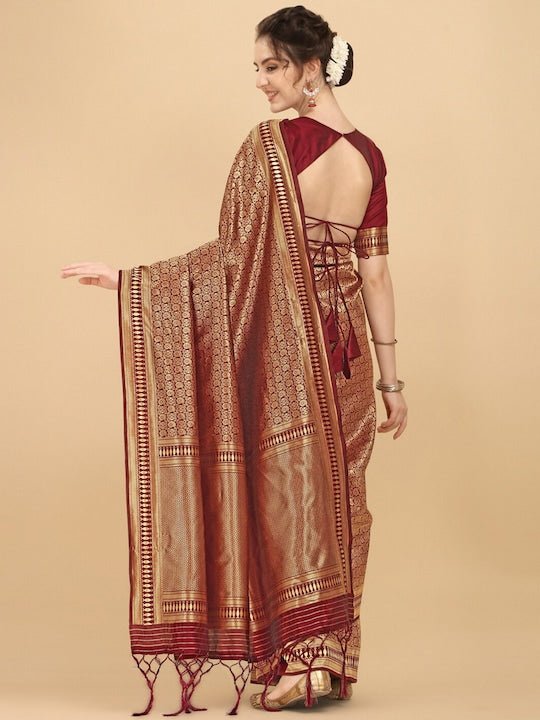 Maroon & Gold-Toned Woven Design Zari Silk Blend Saree - Inddus.com