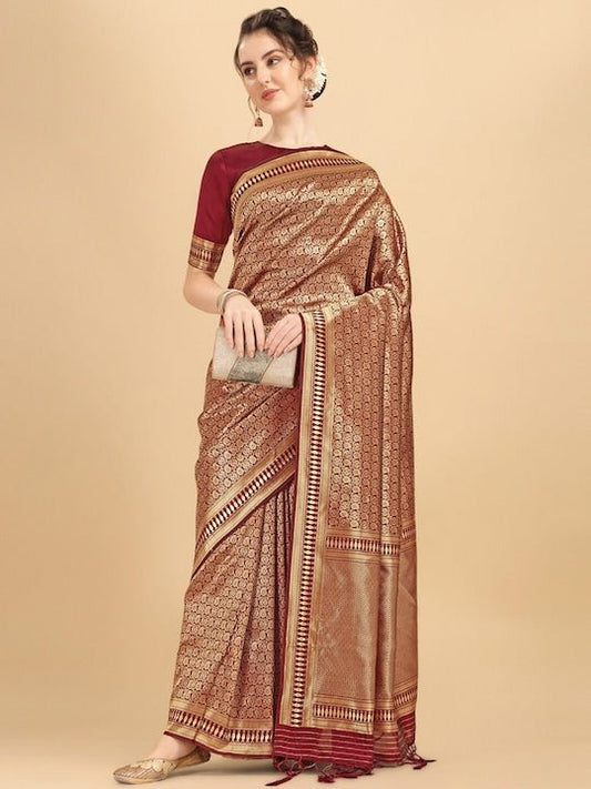 Maroon & Gold-Toned Woven Design Zari Silk Blend Saree - Inddus.com