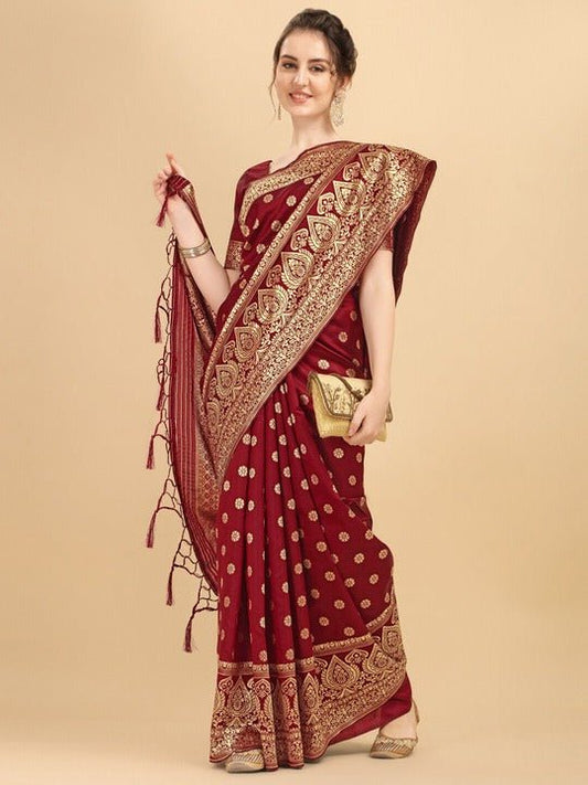 Maroon & Golden Ethnic Motifs Zari Silk Blend Saree