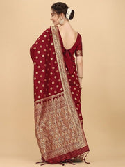 Maroon & Golden Ethnic Motifs Zari Silk Blend Saree - Inddus.com