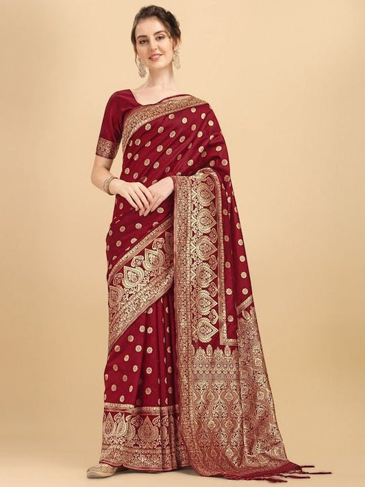 Maroon & Golden Ethnic Motifs Zari Silk Blend Saree - Inddus.com