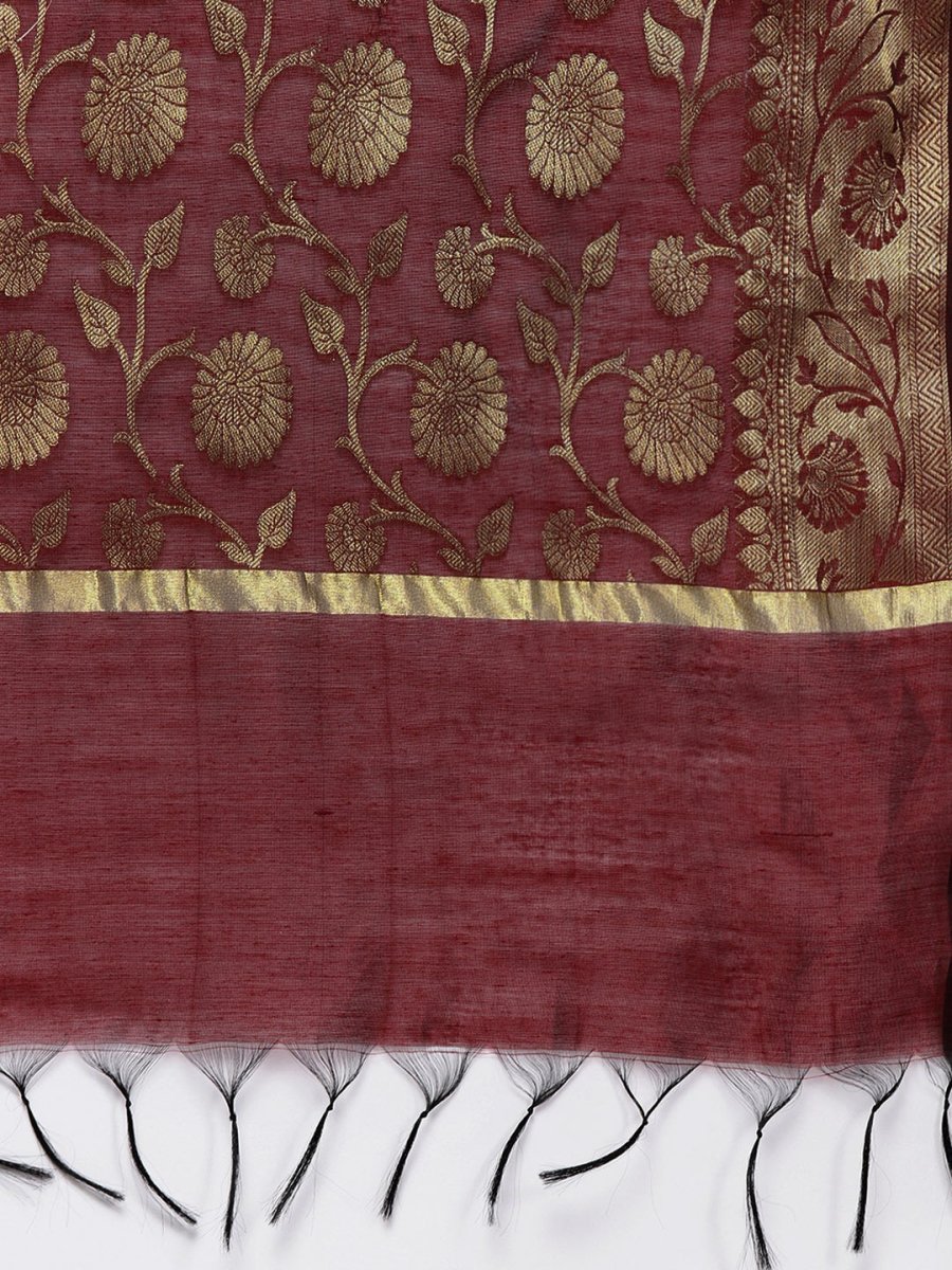 Maroon & Golden Unstitched Dress Material - Inddus.com