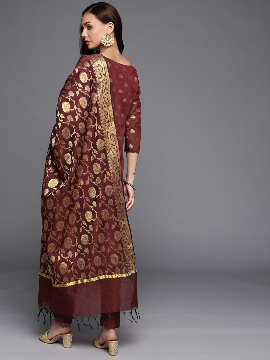 Maroon & Golden Unstitched Dress Material - Inddus.com