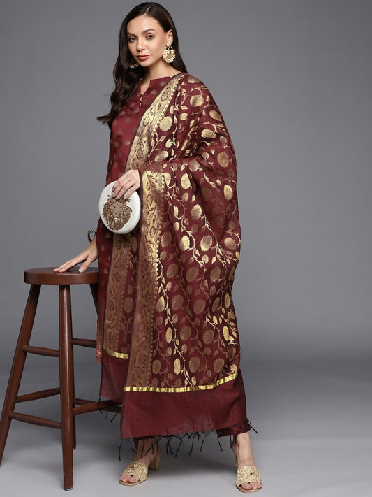 Maroon & Golden Unstitched Dress Material - Inddus.com