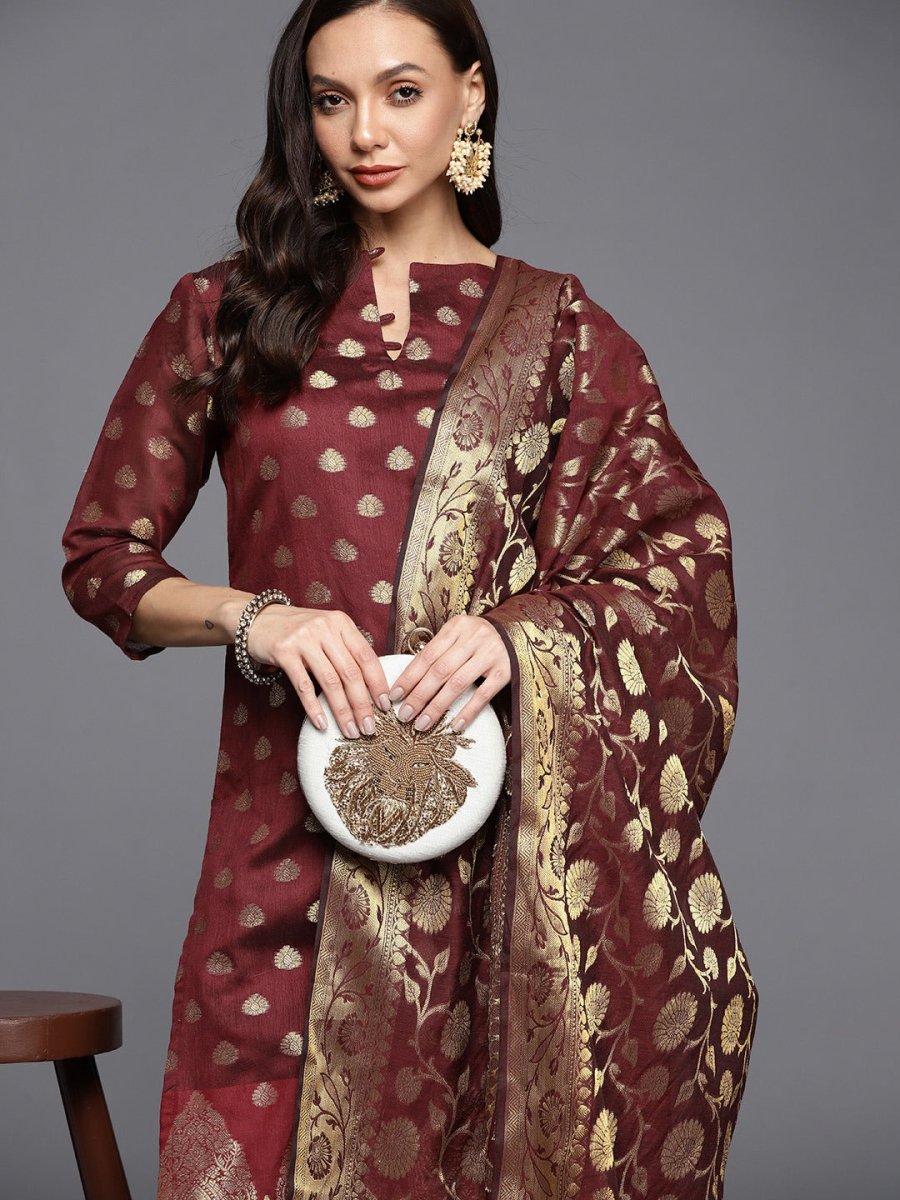 Maroon & Golden Unstitched Dress Material - Inddus.com