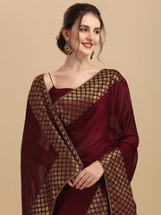 Maroon & Golden Woven Design Silk Blend Saree - Inddus.com