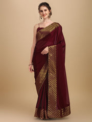 Maroon & Golden Woven Design Silk Blend Saree - Inddus.com