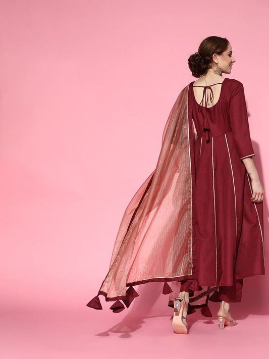 Maroon Gotta Detailing Panelled Kurta with Pants and Organza Dupatta - Inddus.com