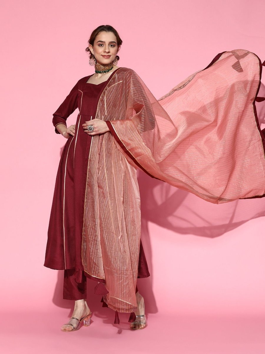 Maroon Gotta Detailing Panelled Kurta with Pants and Organza Dupatta - Inddus.com