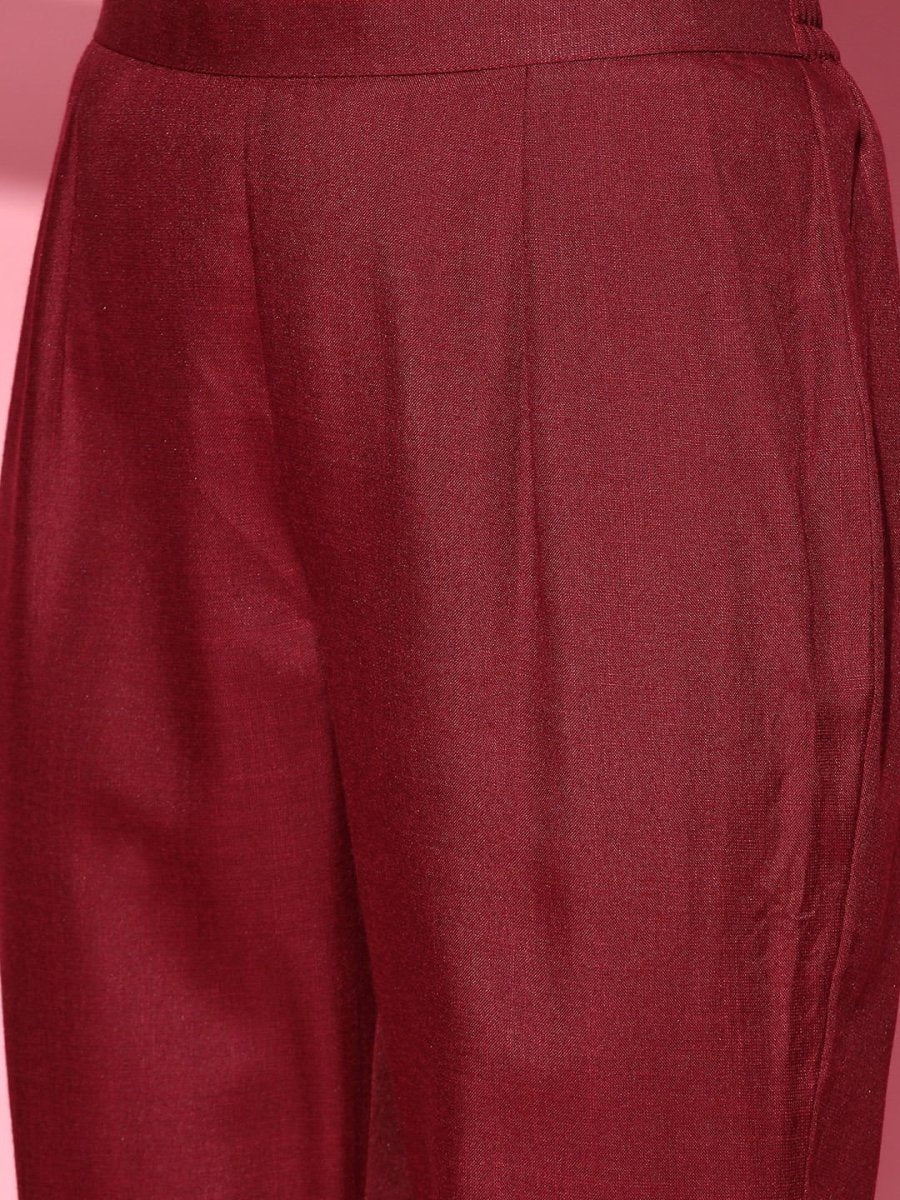 Maroon Gotta Detailing Panelled Kurta with Pants and Organza Dupatta - Inddus.com