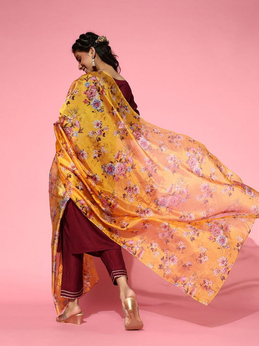 Maroon Gotta Patti Detail Kurta with Pants and Floral Printed Dupatta - Inddus.com