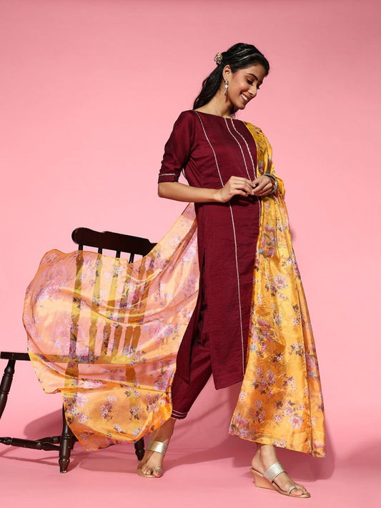 Maroon Gotta Patti Detail Kurta with Pants and Floral Printed Dupatta - Inddus.com