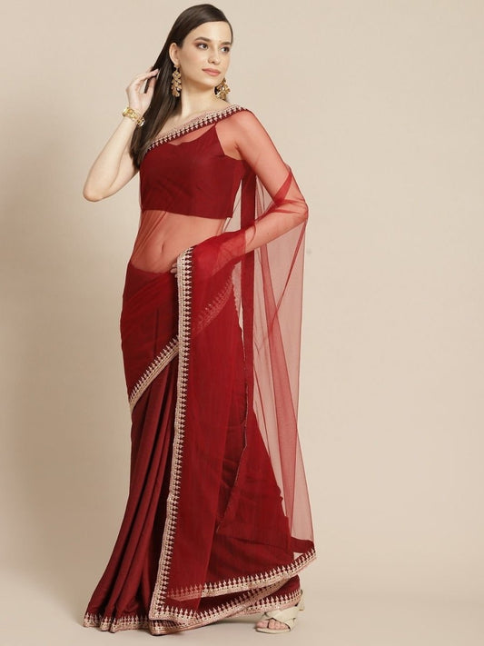 Maroon Half Net and Half Silk Blend Saree - inddus-us