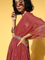 Maroon Kaftan Style Lurex Georgette Gown with Embellished Belt - Inddus.com