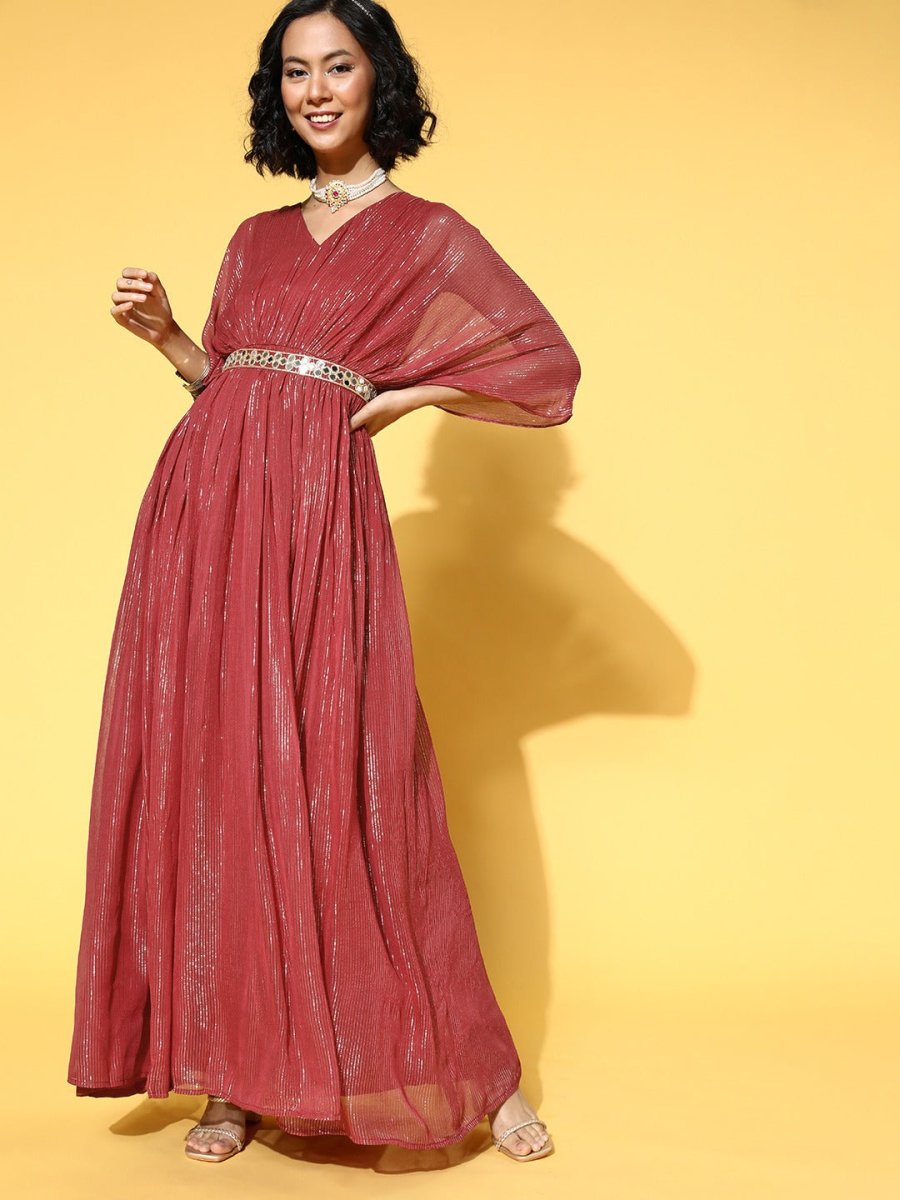 Maroon Kaftan Style Lurex Georgette Gown with Embellished Belt - Inddus.com