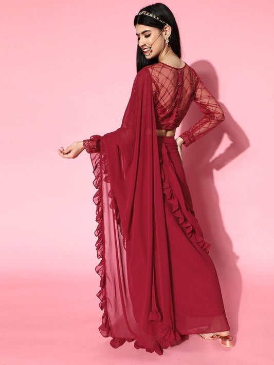 Maroon Lehenga Saree with Ruffle Pattern - Inddus.com