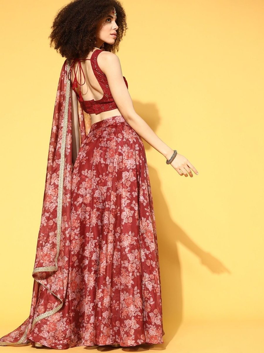 Maroon Lehenga with Blouse and Dupatta - Inddus.com