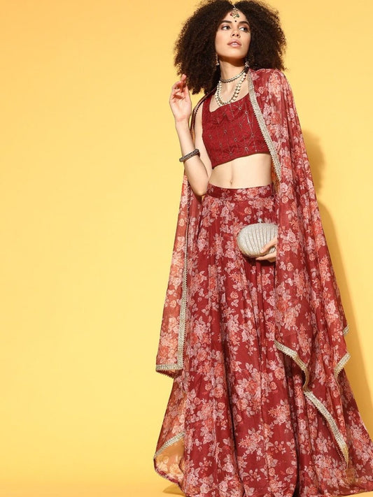 Maroon Lehenga with Blouse and Dupatta - Inddus.com