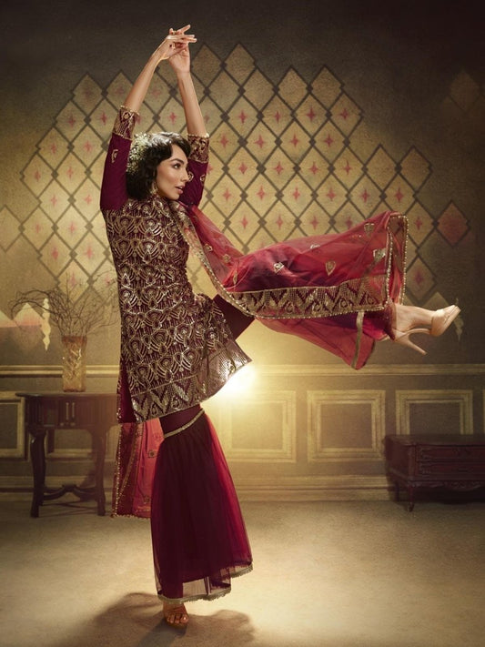 Maroon Net Embroidered Partywear Sharara Suit - inddus-us