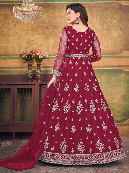 Maroon Net Partywear Anarkali-Suit - Inddus.com