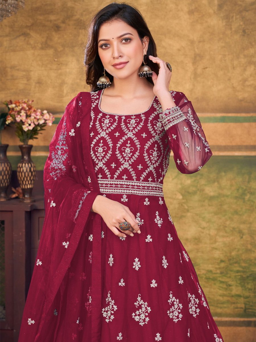 Maroon Net Partywear Anarkali-Suit - Inddus.com