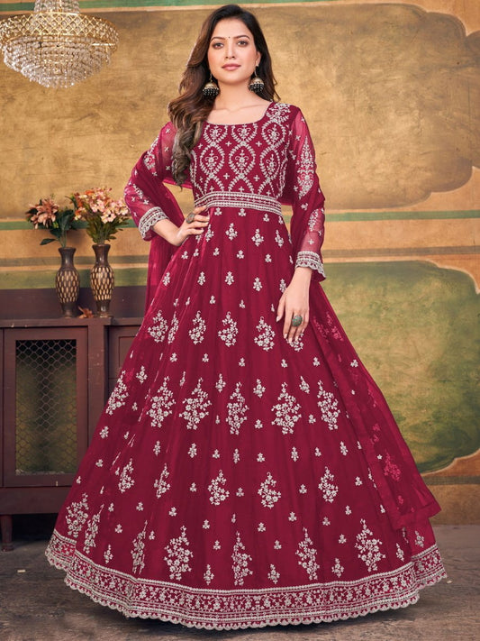 Maroon Net Partywear Anarkali-Suit - Inddus.com