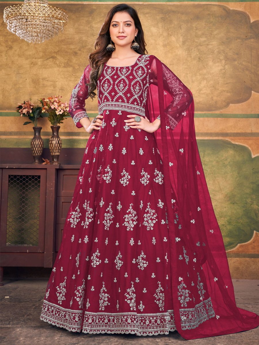 Maroon Net Partywear Anarkali-Suit - Inddus.com