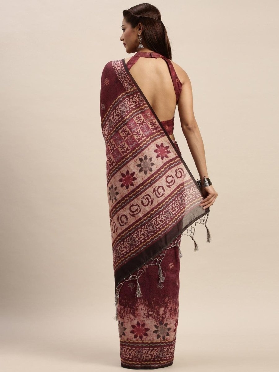 Maroon & Off-White Chanderi Cotton Blend Digital Floral Printed Saree - inddus-us