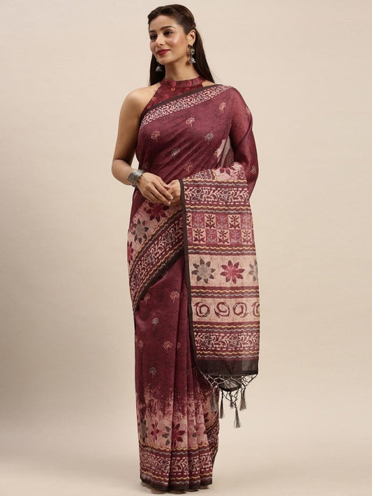 Maroon & Off-White Chanderi Cotton Blend Digital Floral Printed Saree - inddus-us