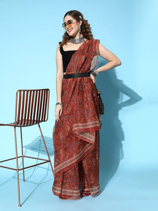 Maroon Organza Floral Printed Saree with Blouse Piece - Inddus.com