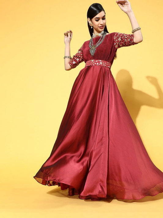 Maroon Poly Silk Partywear Self Design Dresses - Inddus.com