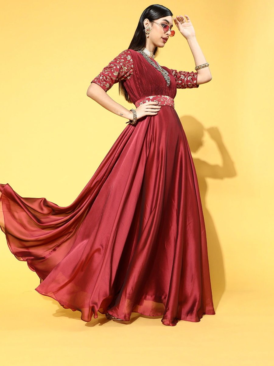 Maroon Poly Silk Partywear Self Design Dresses - Inddus.com