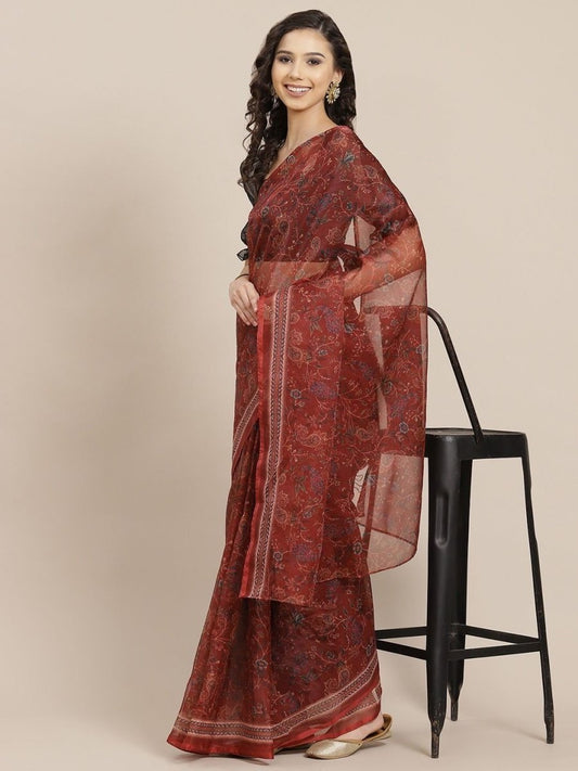 Maroon Printed Organza Saree - inddus-us