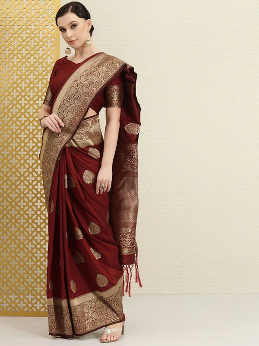 Maroon Self Weaving Ethnic Motifs Zari Woven Saree - inddus-us